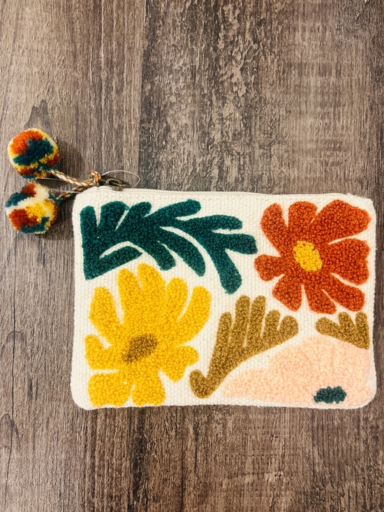 Handbags - Floral Tufted Zipper Pom Pom Pouch - Yellow, Orange, Green